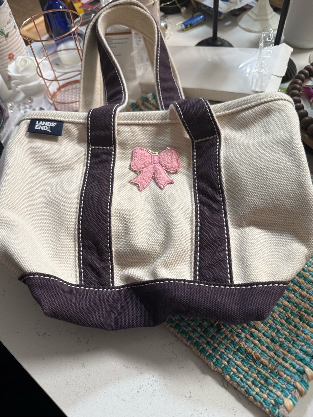 Lands' End Cream Canvas Mini Tote with DarkBrown Trim Pink Bow. DORM ESSENTIAL